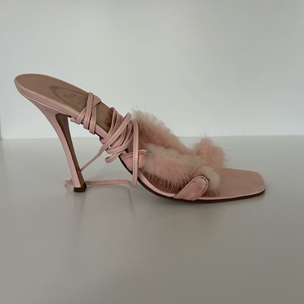 René Caovilla Leather Faux Fur Trim Slingback Sandals Size 38 - Picture 5 of 6